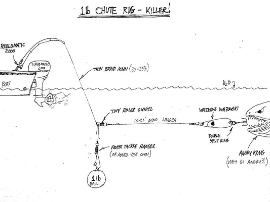 Hand-drawn diagram showing a salmon trolling chute rig setup deployed in the boat prop wash.