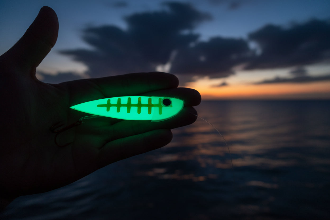 Hand holding a green glowing fishing lure with a dusky sky background over water