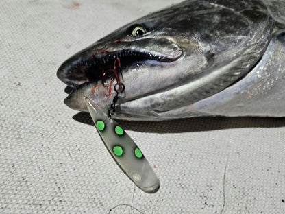 Salmon with a fishing lure in its mouth on a textured surface