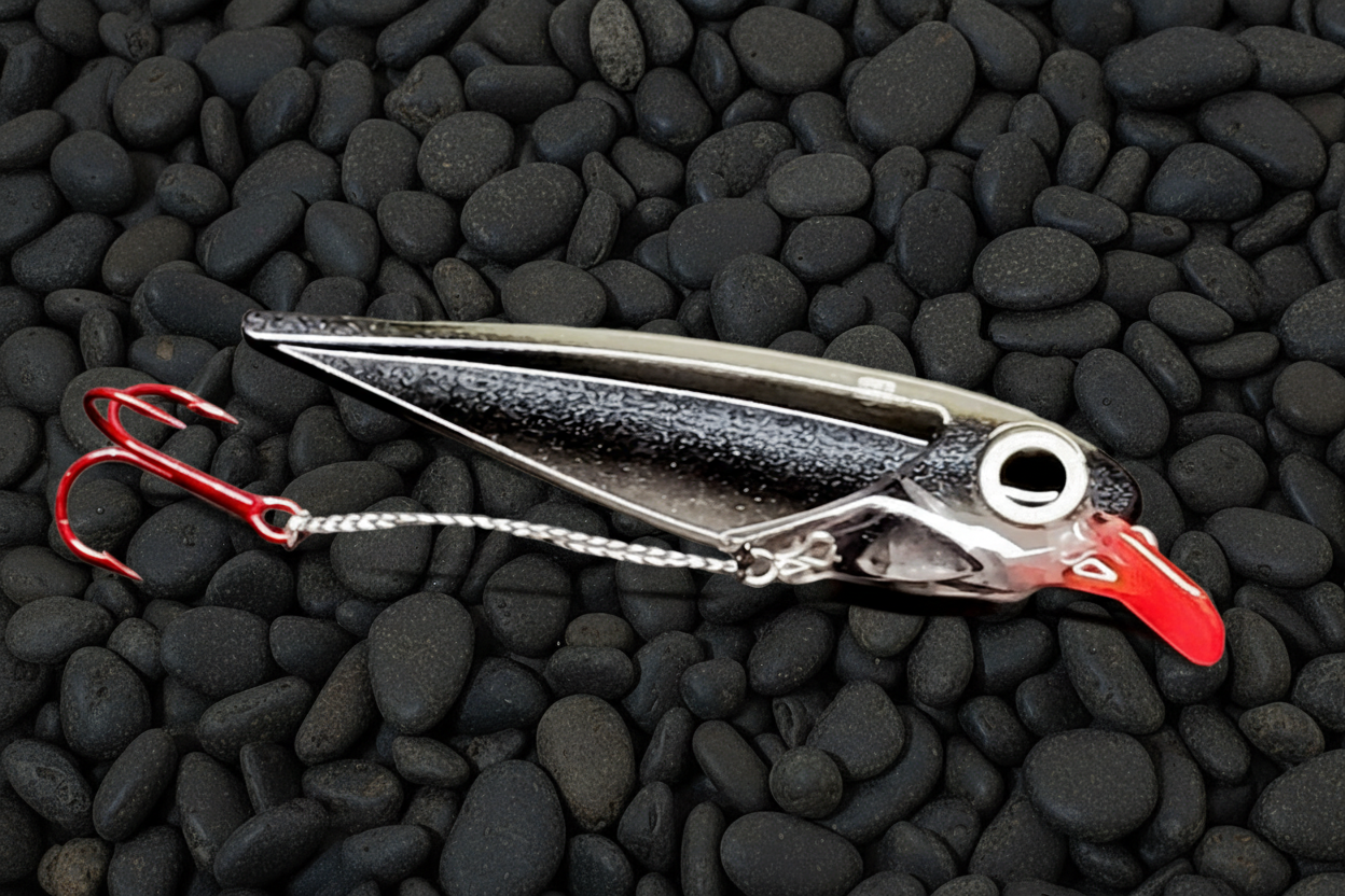Black Racer trolling lure on wet stones background