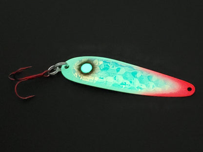 Glowing greenish red tipped Bloody Zombie trolling spoon on black background