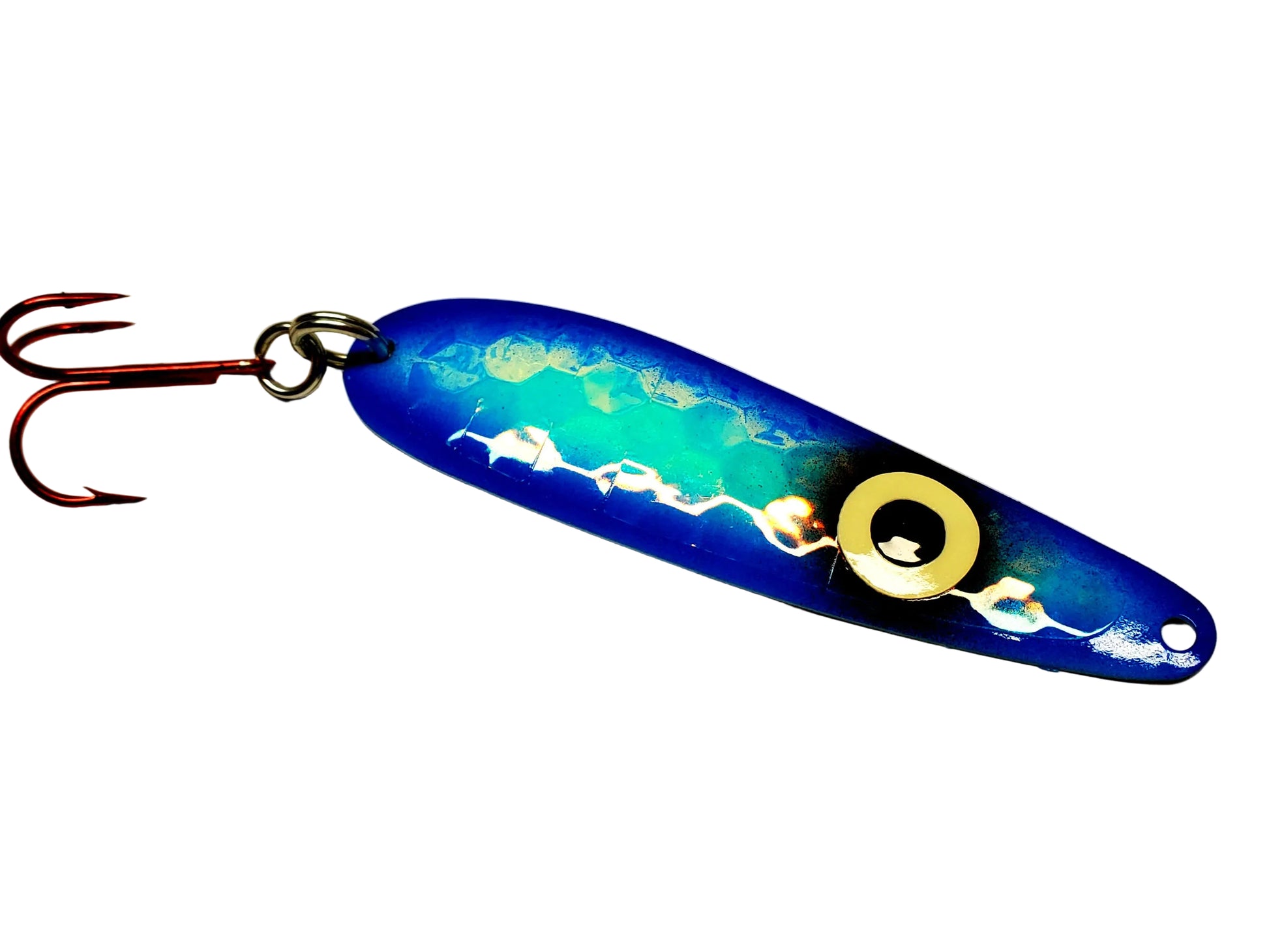 Fisher Tackle BLUE WAZOO salmon trolling spoon. Bright Blue with a large glow eye over a super-glow body
