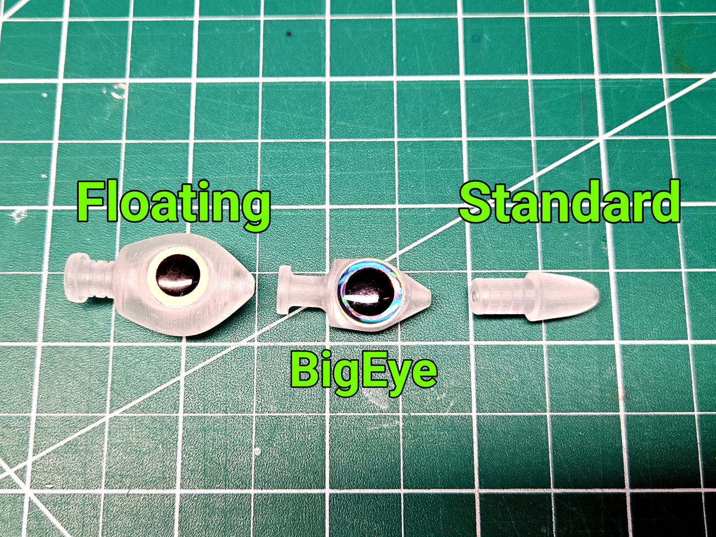 BigEye vs Floating vs Standard Trolling Fly Bullet Heads on Green work mat