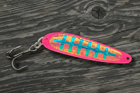 Fisher Tackle UltraMega Glow Pinkie Toe salmon trolling spoon with pink glow base and holographic motor oil ladder tape in daylight