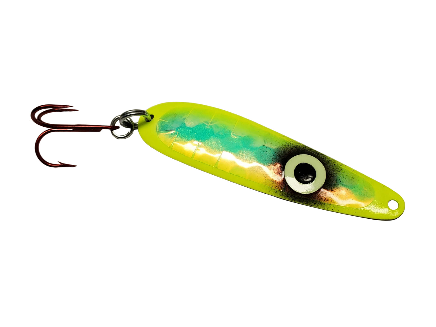 Fisher Tackle 'Stuart' salmon spoon. Bright yellow with a large glow eye over a green super-glow body