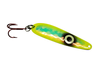 Fisher Tackle 'Stuart' salmon spoon. Bright yellow with a large glow eye over a green super-glow body