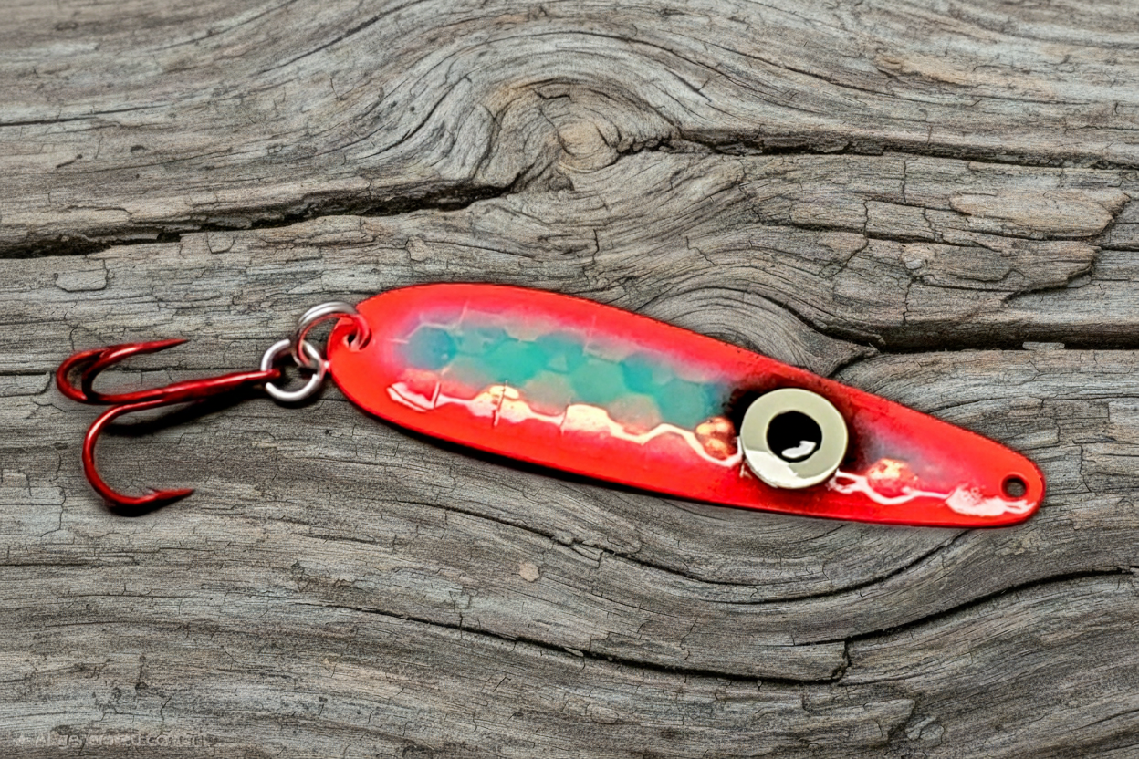 Fisher Tackle 'SeeingRed' trolling spoon with large ring eye and hot red sides on weathered wood background