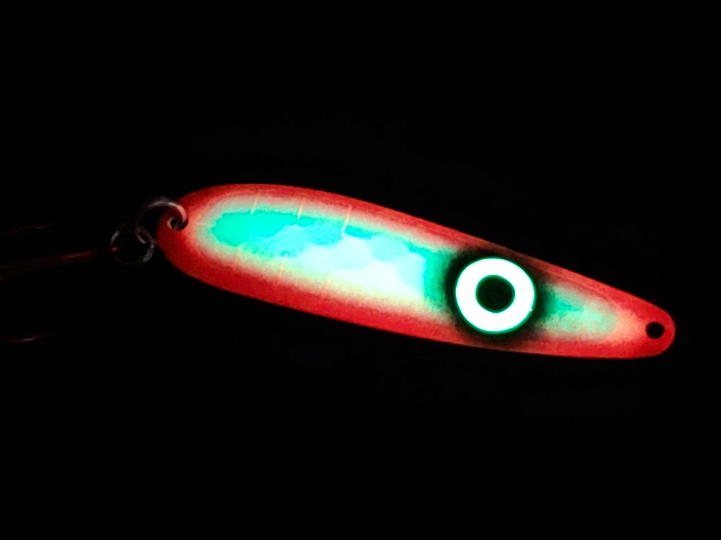 Fisher Tackle 'SeeingRed' trolling spoon with large glowing ring eye and hot red sides glowing in  dark