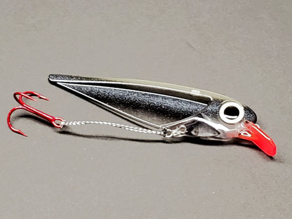 Black Striped FlatFin Trolling Lure with Red Lip and Large Glow Eye in Daylight