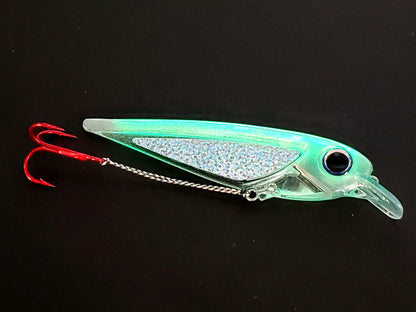 FlatFin 'FlashBang' trolling minnow glowing translucent with holographic sides and large realistic pearl blue eye on black background