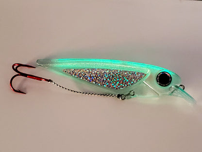 FlatFin 'FlashBang' trolling minnow glowing with holographic sides and huge pearl blue eye