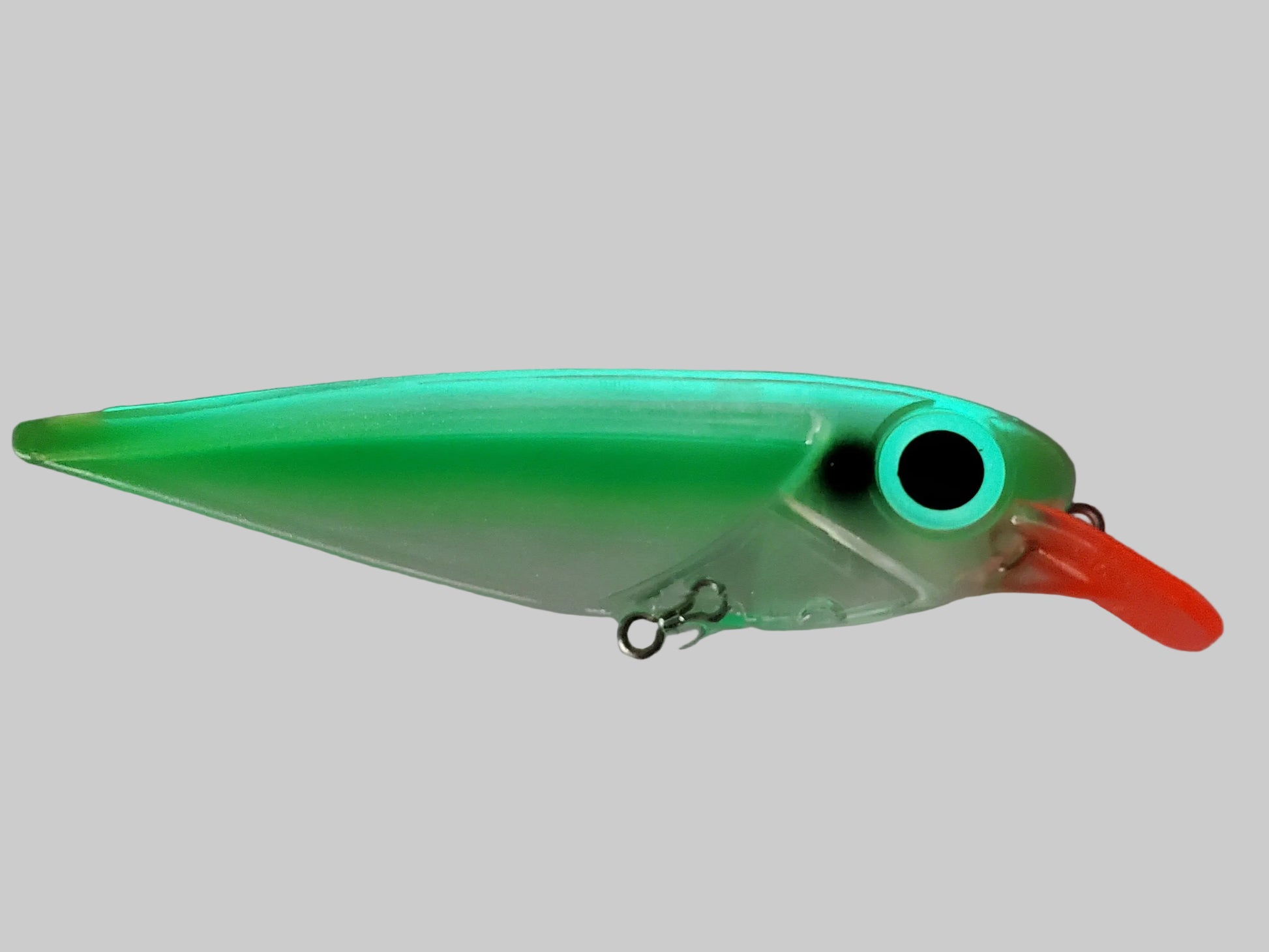 Glowing salmon trolling lure FlatFin GREEN RACER with hot green sides, hot red lip and huge glow eye and spine.
