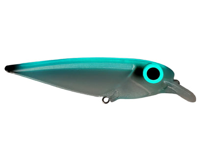 Glowing salmon trolling lure FlatFin REALDEAL BLUE with silver pearl sides, blue top and black accents over huge glow eye