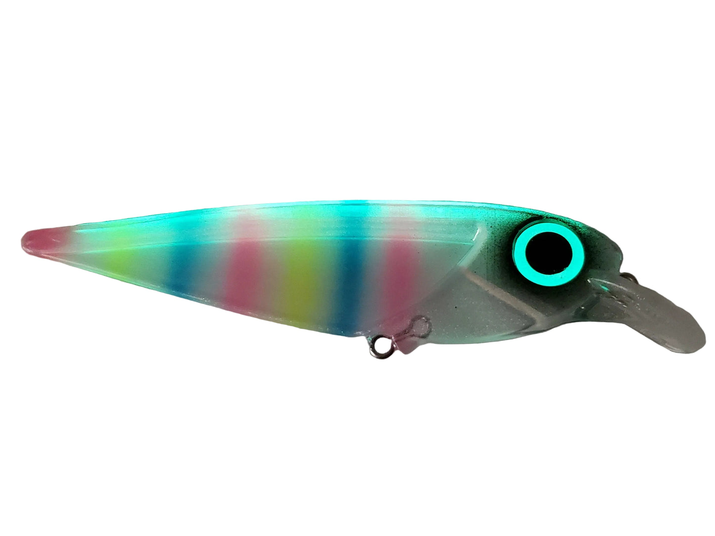 Glowing salmon trolling lure FlatFin Minnow TIGERBREAD with pearl sides and pink/blue/yellow tiger stripes