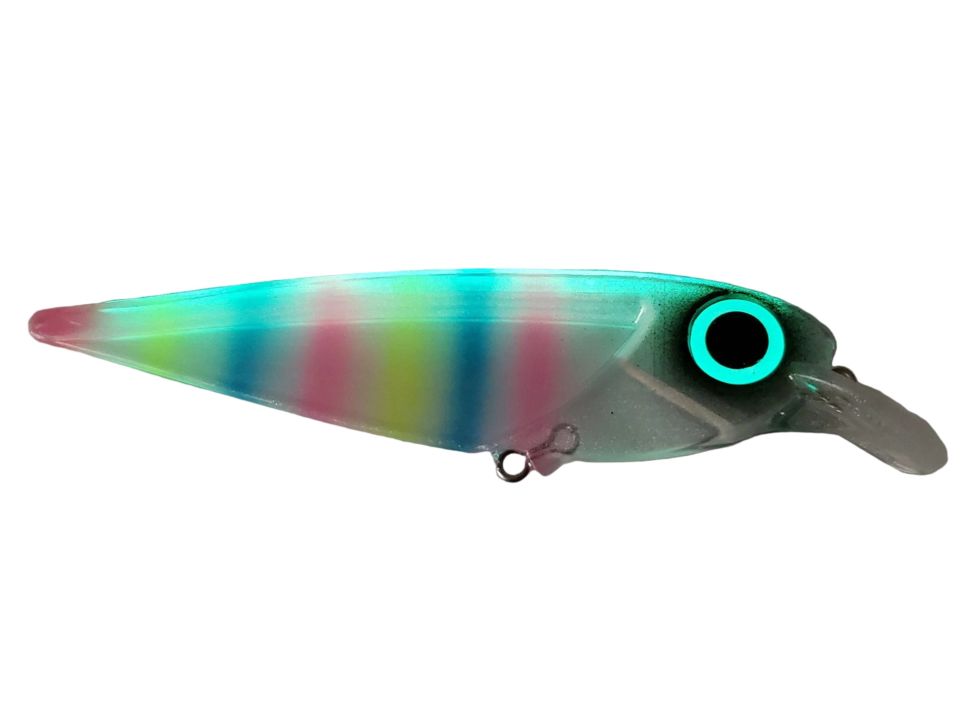 Glowing salmon trolling lure FlatFin Minnow TIGERBREAD with pearl sides and pink/blue/yellow tiger stripes