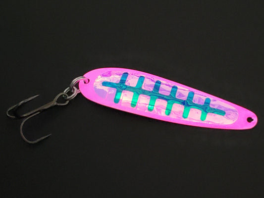 Fisher Tackle UltraMega Glow Pinkie Toe salmon trolling spoon with pink glow base and holographic motor oil ladder tape glowing in dark.