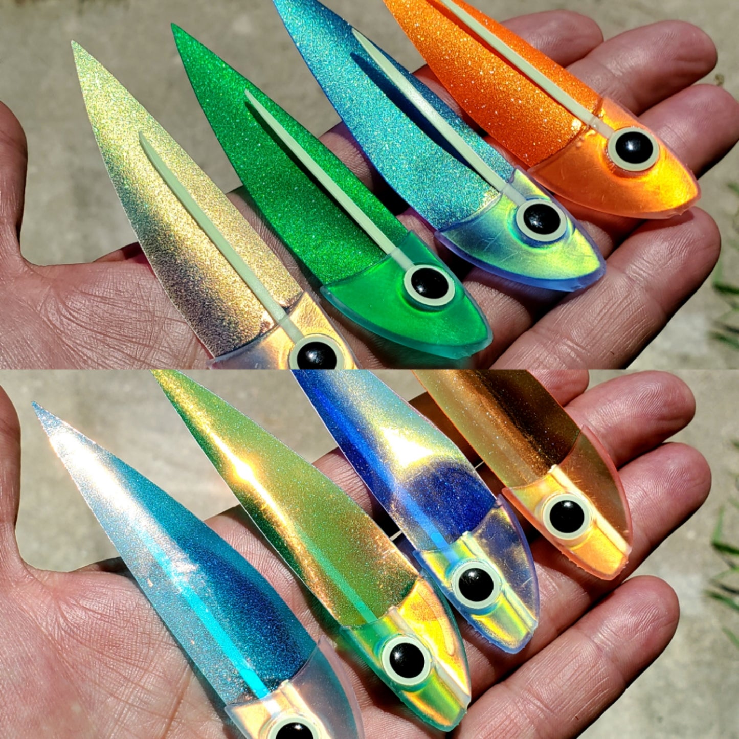 4 Salmon trolling Gunnee strip fly lures various colors in hand front and back