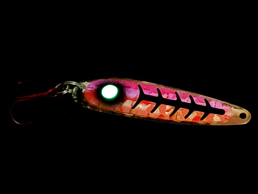 Silver salmon trolling spoon with bright orange/red holographic tape and black ladder with zombie eye glowing bright
