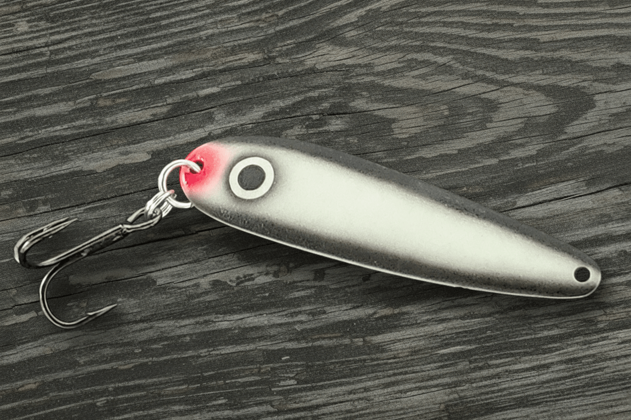 Fisher Tackle UltraMega Glow 'Black Gunnship' salmon trolling spoon with teal glow base, a large black eye and black sides in daylight