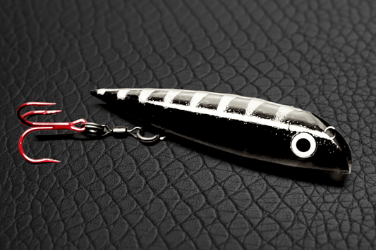 FishGunn Salmon Plug 'Black Racer' by Fisher Tackle against a black scaled leather background has a gloss black body with glitter silver ladderback and decoupled roller swivel hook set-up