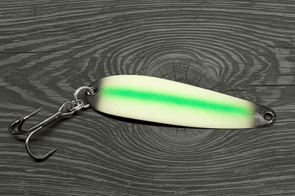 Fisher Tackle UltraMega Glow 'Black Tip' salmon trolling spoon with Teal glow base, tips and a green stripe in daylight
