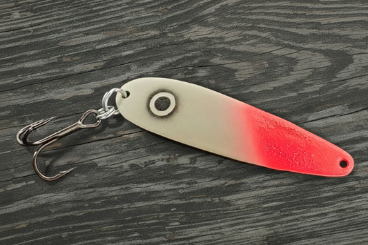 UltraMega Glow 'Bloody Guppy' Spoon - Fisher Tackle Company.  Salmon trolling spoon with Blue glow base and hot red tip and a large black eye in daylight