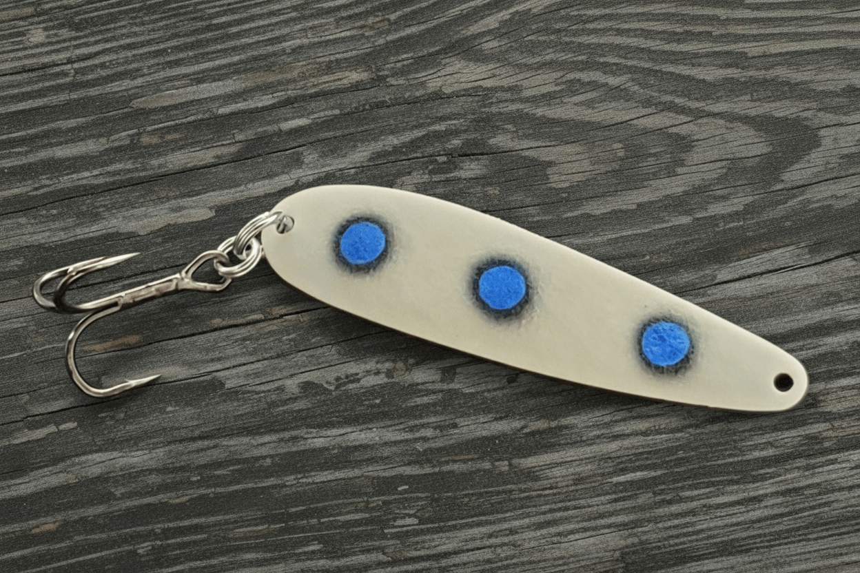 Fisher Tackle UltraMega Glow 'BlueEyes' salmon trolling spoon with blue glow base and 3 large fluorescent blue dots fringed in black in daylight