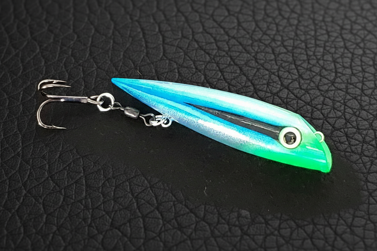 Blue-Green Salmon Plug on Leather Texture