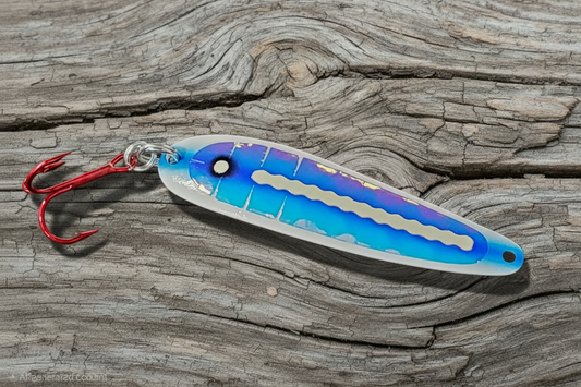 Blue Zit Ripper spoon on weathered wood background