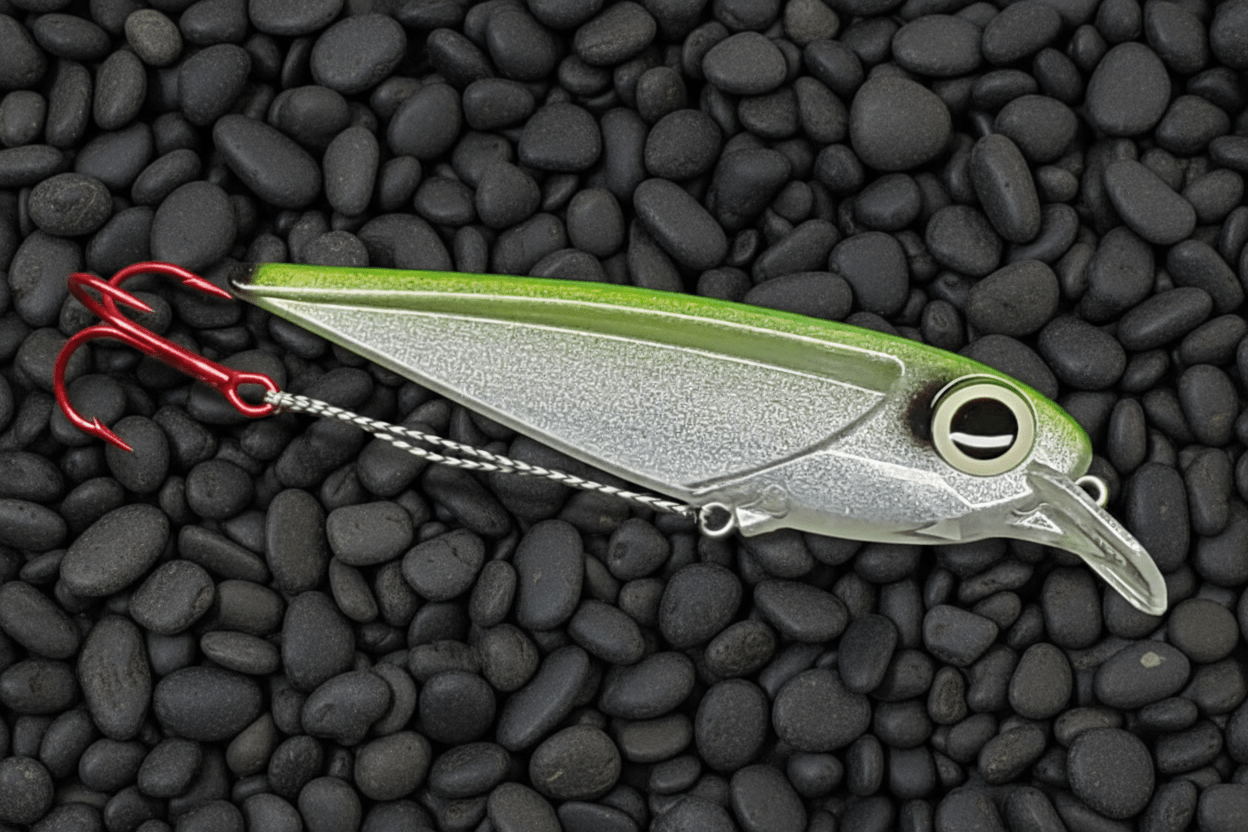 Salmon trolling lure FlatFin Minnow 'Real Deal Green' in daylight showing realistic pearl to silver to greenish back like an actual alewife when seen in shallows of lake michigan
