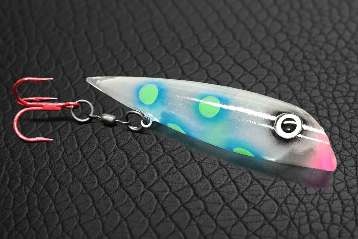 FishGunn Salmon Plug 'Glass Frog' blue fringed green spots on a clear salmon plug