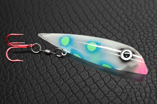 FishGunn Salmon Plug 'Glass Frog' blue fringed green spots on a clear salmon plug
