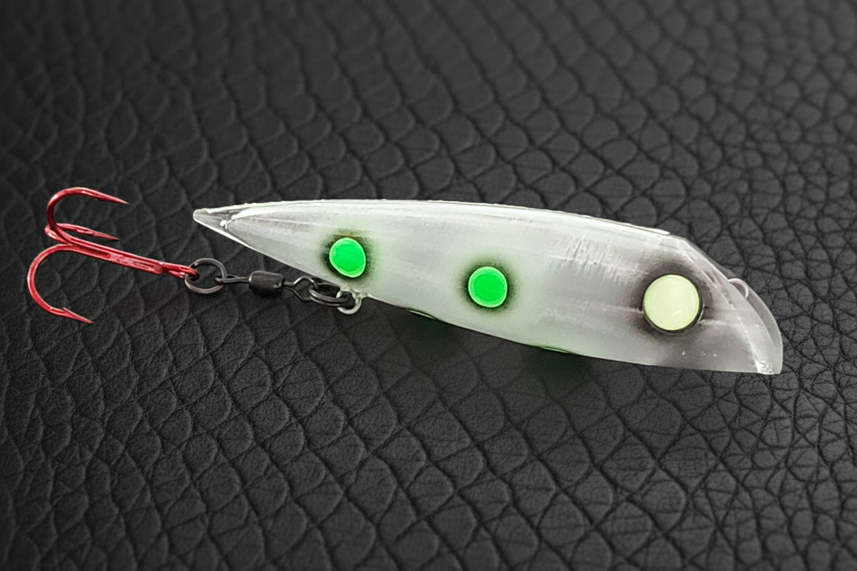 LIVING DEAD FROG FishGunn salmon trolling plug by Fisher Tackle in daylight showing the translucent body and frog-like green dots fringed in black