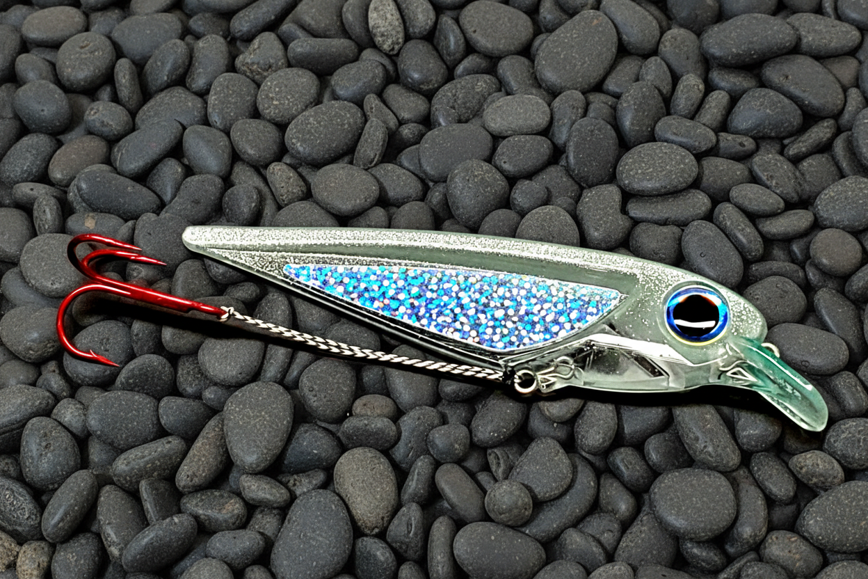 FlatFin FlashBang silver glitter and light pale blue trolling lure laying on dark gray pebble background