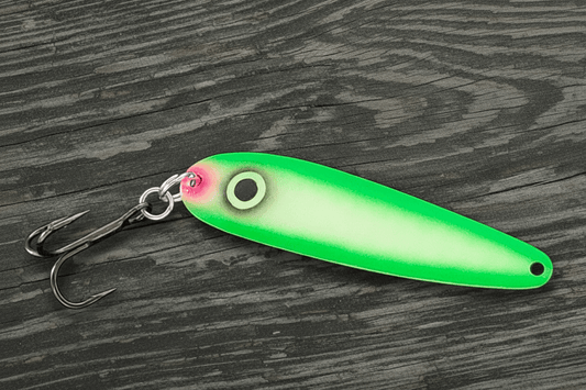 Fisher Tackle UltraMega Glow Green Gunnship salmon trolling spoon with green glow base, fluorescent greensides and a black eye in daylight