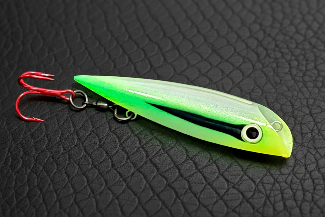 Green Lure on Black Leather Background