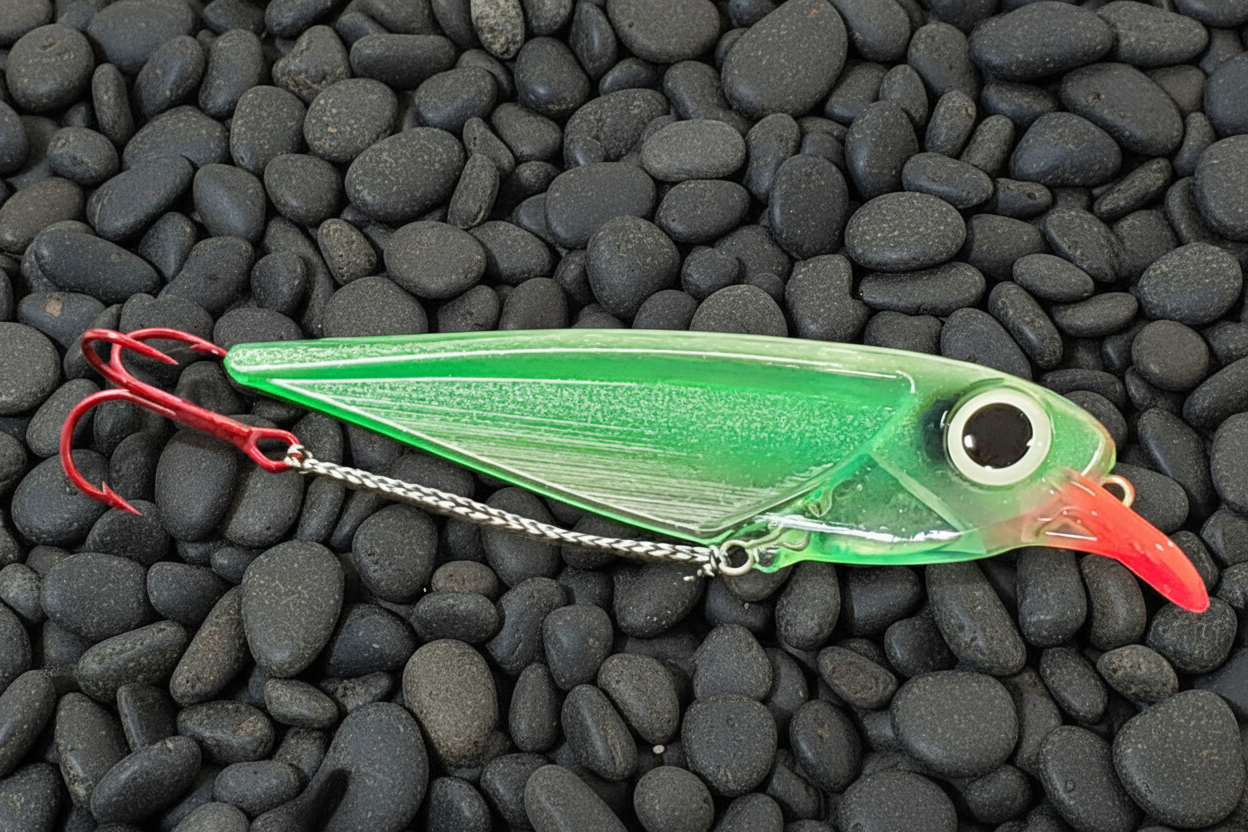 Fisher Tackle FlatFin Minnow 'Green Racer' with green pearlescent sides and red lip shown in daylight against gray pebbles