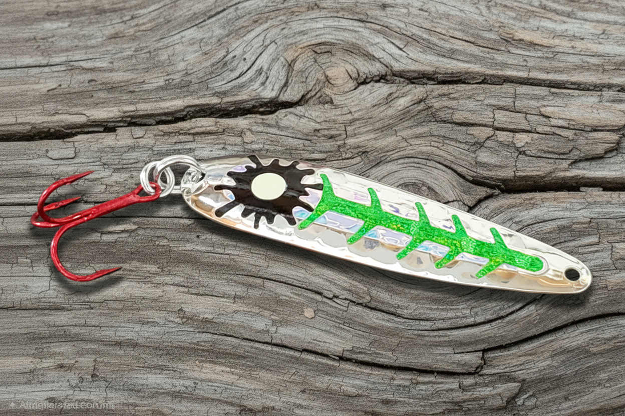 Green Sparkle Sploosh spoon on weathered wood background