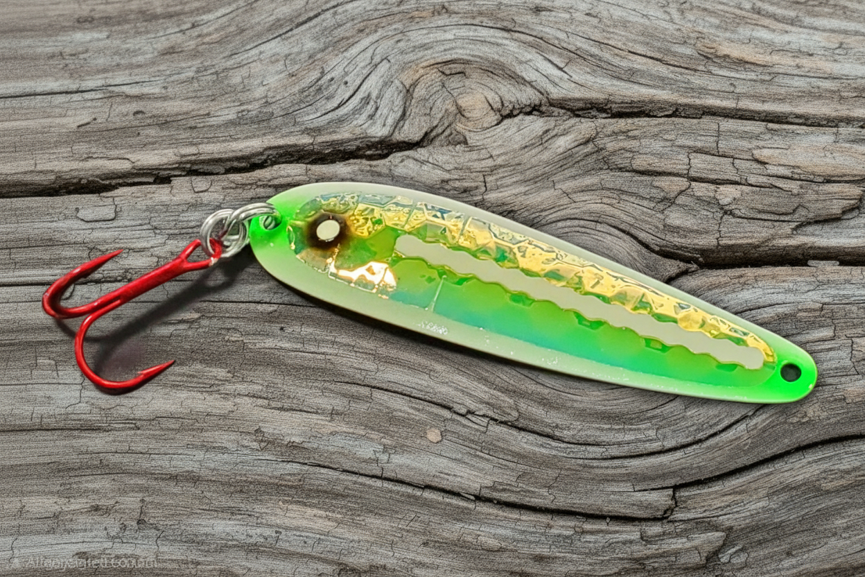 Green Zit Ripper spoon on weathered wood background
