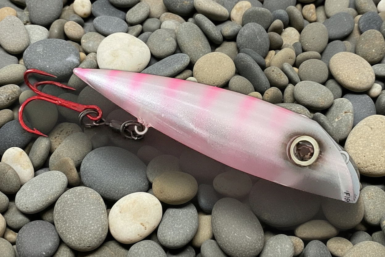 FishGunn Salmon Plug Tizzy Fit on beach pebbles