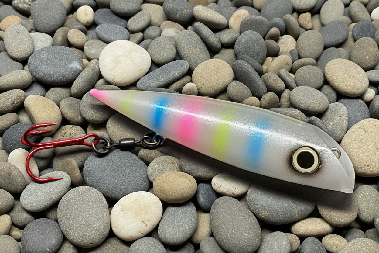 FishGunn Salmon Plug Tiger Bread on beach pebbles