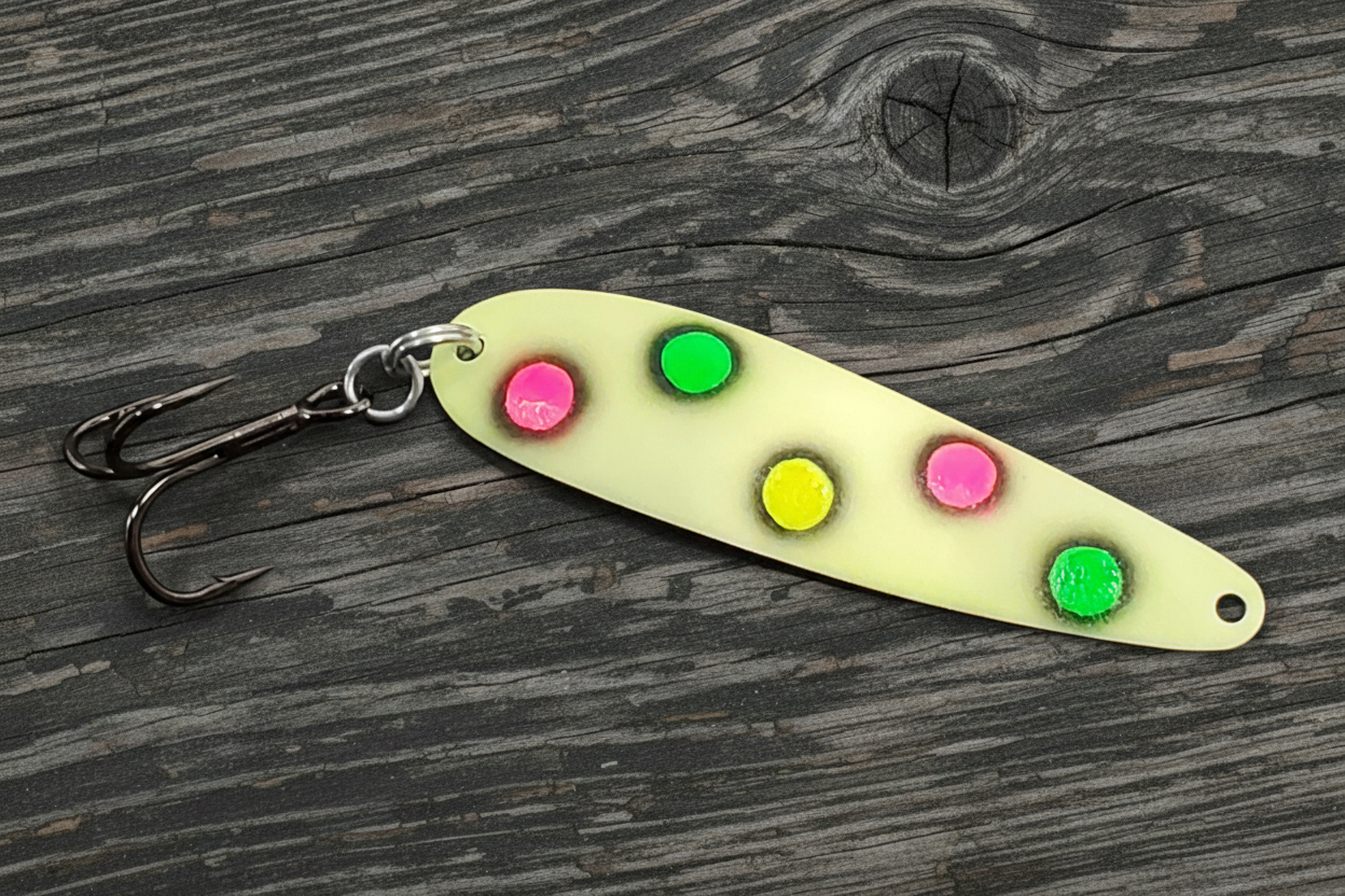 Fisher Tackle UltraMega Glow GreenBread salmon trolling spoon with green glow base, green, pink and yellow spots fringed in black in daylight