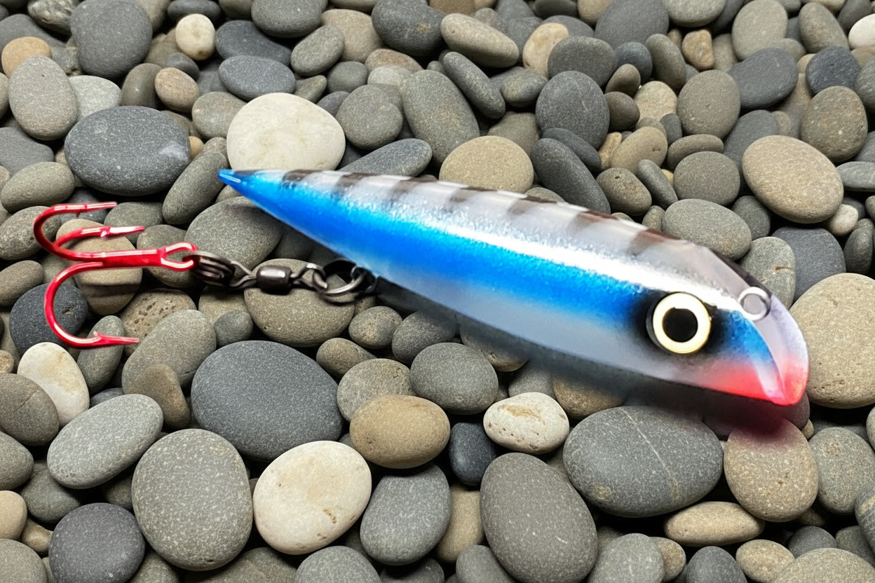 FishGunn Salmon Plug Blue Racer on beach pebbles