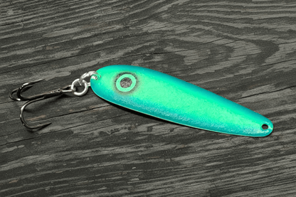 Fisher Tackle UltraMega Glow 'BlueGreen Gunnship' salmon trolling spoon with Green glow base, a large black eye and blue sides in daylight