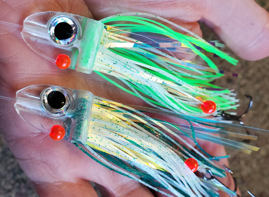 green FlatHead Trolling Flies - 2pcs in palm of hand