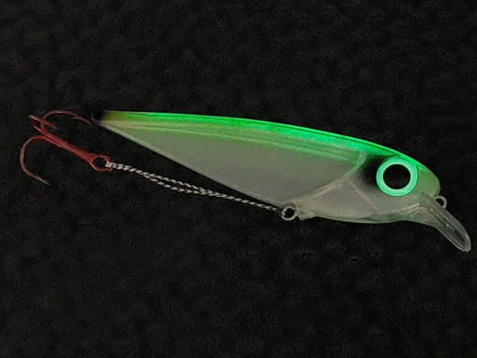 Fisher Tackle Company FlatFin Minnow 'Real Deal' Green shown glowing after UV charge ready to troll salmon and trout