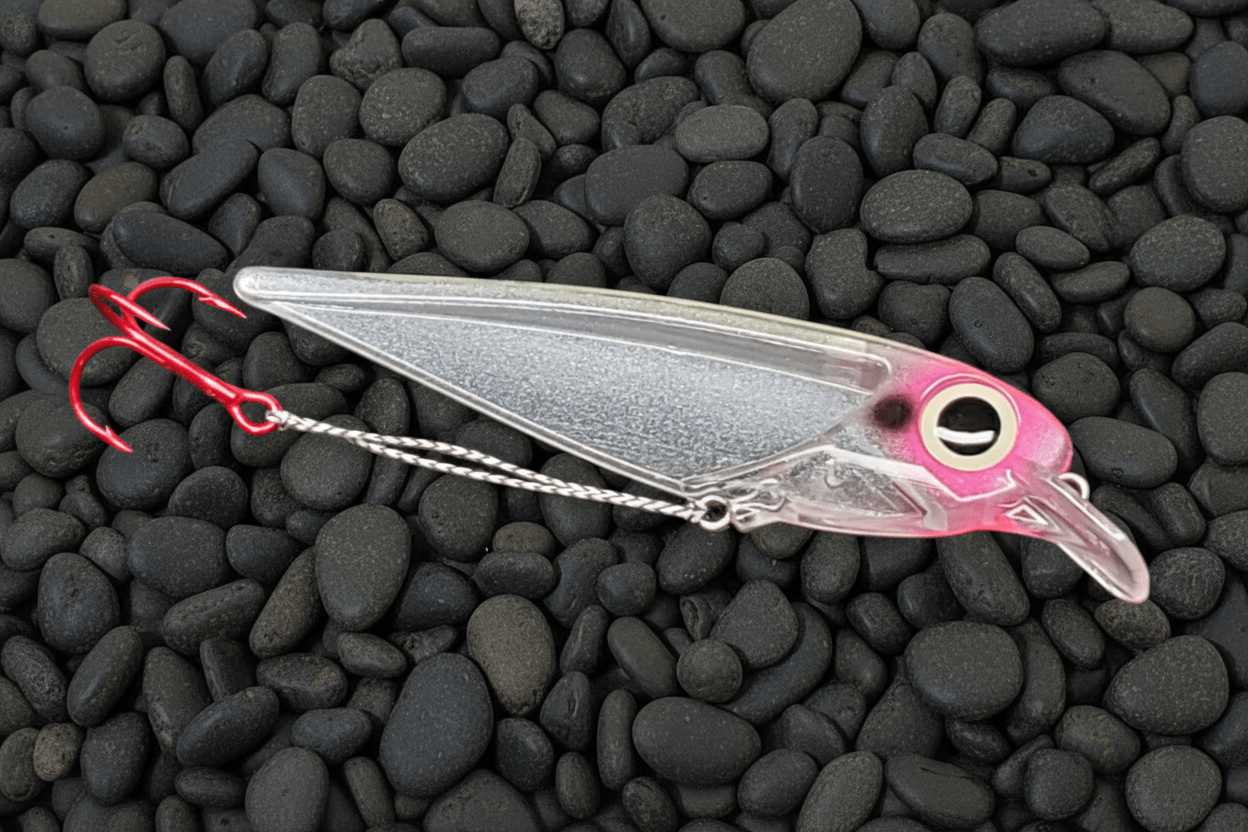 FlatFin Minnow 'Ether Bunny' a very transparent trolling lure just dusted with holographic micro glitter and a hot pink accented head