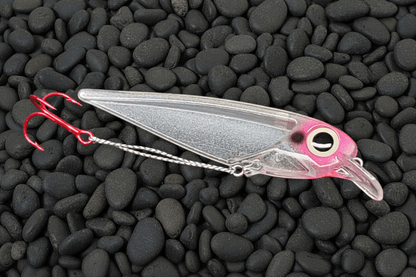 FlatFin Minnow 'Ether Bunny' a very transparent trolling lure just dusted with holographic micro glitter and a hot pink accented head
