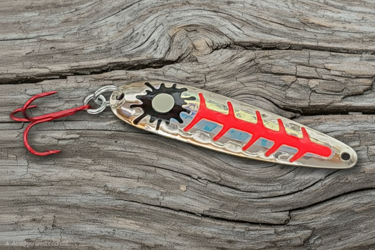 Red Sploosh spoon on weathered wood background