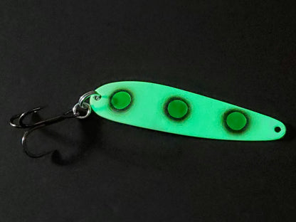 Fisher Tackle UltraMega Glow Green Eyes salmon trolling spoon with green glow base, green spots fringed in black glowing in dark